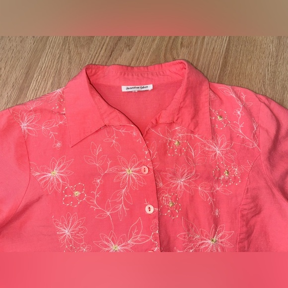 Vintage Ramie Linen Blend Embroidered Button Front Short Sleeve Blouse Shirt L - Picture 9 of 9